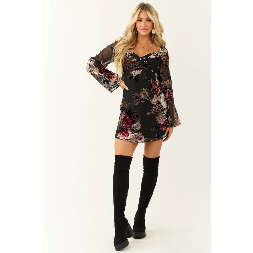 FORE Womens Velvet Burnout Floral Mini Dress Size‎ Large Bell Sleeves Romantic